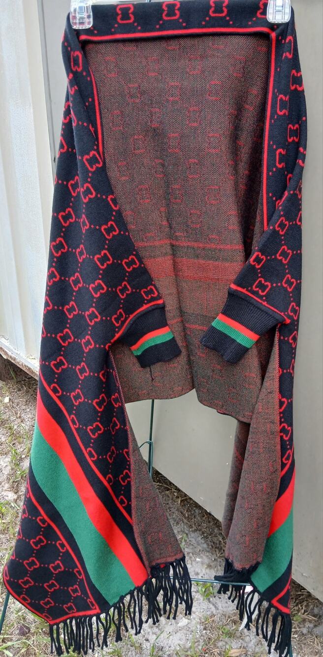 New Designer Inspired Black Red Print Green Strie Cocoon Wrap w/sleeves One Size